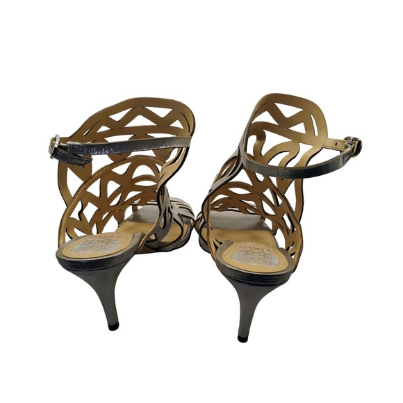 VINCE CAMUTO Lux Silver Caged Gladiator Sandals Heels 9.5 M Stiletto Ankle Strap - Picture 2 of 8